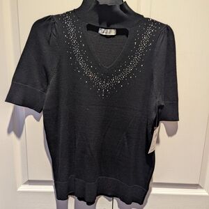 89th & Madison Black Short Sleeve Top with Rhinestone Accents